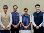 BJP national president Nitin Nabin, second right, meets Rajya Sabha members Raghav Chadha, right, Sandeep Pathak, left, and Ashok Mittal at the party's headquarters, in New Delhi on Friday. 