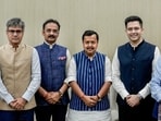 BJP national president Nitin Nabin, second right, meets Rajya Sabha members Raghav Chadha, right, Sandeep Pathak, left, and Ashok Mittal at the party's headquarters, in New Delhi on Friday. (PTI)