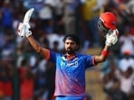 KL Rahul celebrates after completing his century vs PBKS.