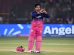 Vaibhav Sooryavanshi celebrates after reaching his century vs SRH.