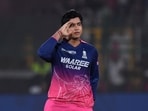 Vaibhav Sooryavanshi celebrates after reaching his century vs SRH.