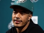 Philadelphia Eagles first-round draft pick Makai Lemon speaks during an NFL football news conference at the team's training facility in Philadelphia, Friday, April 24.