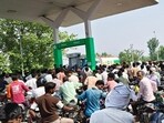 Huge rush at a petrol pump in Lakhimpur Kheri on Saturday. (HT)