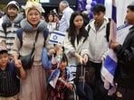 Members of the Bnei Menashe (Sons of Manasseh) community in India arrive at Ben Gurion Airport in Lod, near Tel Aviv, on April 23, 2026.