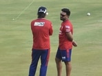 LSG skipper Rishabh Pant with chief coach Justin Langer in Lucknow on Saturday. (Deepak Gupta/HT Photo)