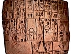 One of Kushim’s clay tablets, tracking cereals and beer, dated to 5,300 years ago. (Wikimedia)