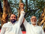 Thiruvananthapuram: Communist Party of India (Marxist) General Secretary M A Baby, right, with Kerala Minister and LDF candidate from the Nemom constituency, V Sivankutty, during campaigning ahead of the Kerala Assembly elections.