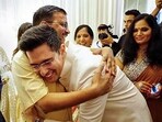 Raghav Chadha is seen with then Delhi Chief Minister Arvind Kejriwal during the former's engagement ceremony, in New Delhi.
