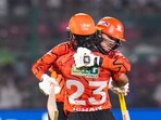 RR vs SRH LIVE Score: Abhishek Sharma embraces Ishan Kishan during SRH's chase.