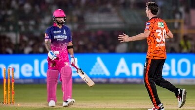 Pat Cummins on return, taking over for the captaincy, and looking as if he hasn't lost a step despite missing five months of action. Four overs, and figures of 1/27 – a terrific outing, punctuated by a searing yorker to his opposite number to knock his stumps over. (PTI)