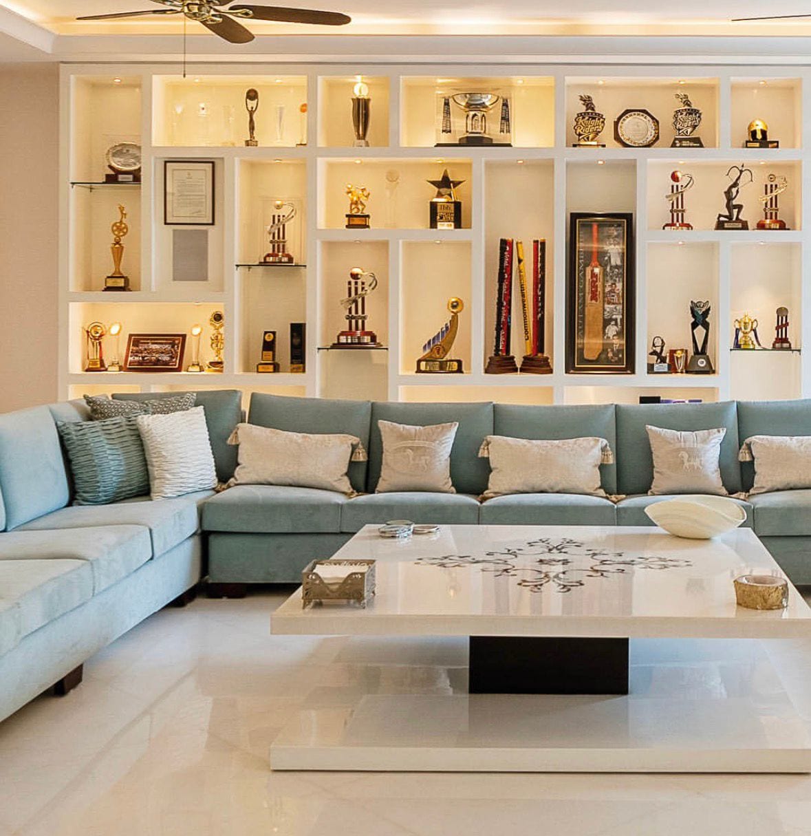 The living space blends calm neutrals with a cosy library corner. (Instagram/@beautifulhomes.india) The living space blends calm neutrals with a cosy library corner. (Instagram/@beautifulhomes.india)