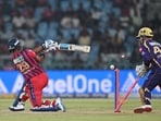 Nicholas Pooran of Lucknow Super Giants (LSG) clean bowled by Sunil Narine.