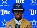 Dallas Cowboys first round draft pick Caleb Downs responds to question during a news conference Dallas Cowboys first round draft pick Caleb Downs responds to question during a news conference