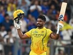 Chennai Super Kings' Sanju Samson celebrates after scoring a hundred against Mumbai Indians at the Wankhede Stadium. Chennai Super Kings' Sanju Samson celebrates after scoring a hundred against Mumbai Indians at the Wankhede Stadium.