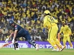 Shubman Gill reacts after being stumped out by Sanju Samson.