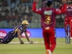 Kolkata Knight Riders’ Angkrish Raghuvanshi dives to reach the crease against Lucknow Super Giants. (PTI)