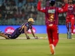 Kolkata Knight Riders' Angkrish Raghuvanshi dives to reach the crease during the IPL 2026 T20 cricket match against Lucknow Super Giants