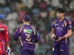 KKR captain Ajinkya Rahane, centre, and Kartik Tyagi, right, interact after a No Ball during the IPL 2026 match against Lucknow Super Giants