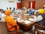 Punjab chief minister Bhagwant Mann chairing a meeting with the departments concerned over flood preparations ahead of monsoon on Saturday. (@BhagwantMann)