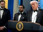 US Vice President JD Vance, from left, Kash Patel, director of the Federal Bureau of Investigation (FBI), and US President Donald Trump during a news conference in the James S. Brady Press Briefing Room of the White House in Washington, DC, US on Saturday, April 25, 2026.