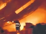 The fire at a stationery factory in Khera Kalan. (HT)