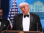 President Donald Trump speaks in the James Brady Press Briefing Room at the White House after an unspecified threat at the annual White House Correspondents' Association Dinner in Washington.