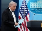 President Donald Trump arrives to speak in the James Brady Press Briefing Room at the White House after a shooting outside the ballroomt at the annual White House Correspondents' Association Dinner in Washington, Saturday, April 25, 2026. (AP Photo/Jose Luis Magana)