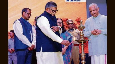 BJP national general secy BL Santhosh (extreme right) and UT administrator Gulab Chand Kataria during the lamp lighting ceremony at Punjab Lok Bhavan on Sunday. (HT Photo) BJP national general secy BL Santhosh (extreme right) and UT administrator Gulab Chand Kataria during the lamp lighting ceremony at Punjab Lok Bhavan on Sunday. (HT Photo)