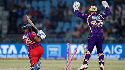 Once in the Super Over, LSG showed faith in Nicholas Pooran, but he couldn't deliver. Sunil Narine took the ball for KKR, and this was a familiar matchup – the spinner had delivered a wicket-maiden in a CPL Super Over against Pooran 12 years ago. This time, it only took one ball to break his wickets, and two balls later, Aiden Markram was caught on the boundary. (REUTERS)