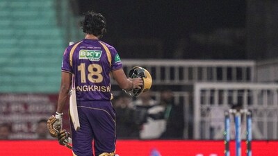A controversial moment in the first innings – Angkrish Raghuvanshi was judged to have obstructed the field as he blocked a throw at the stumps on a run-out attempt. Was it intentional? To the only man whose decision mattered, the answer was yes – but a key talking point. (PTI) A controversial moment in the first innings – Angkrish Raghuvanshi was judged to have obstructed the field as he blocked a throw at the stumps on a run-out attempt. Was it intentional? To the only man whose decision mattered, the answer was yes – but a key talking point. (PTI)