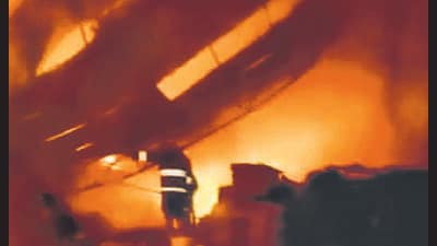 The fire at a stationery factory in Khera Kalan. (HT) The fire at a stationery factory in Khera Kalan. (HT)