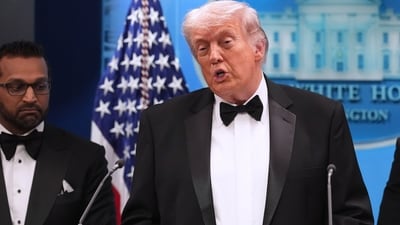 President Donald Trump speaks in the James Brady Press Briefing Room at the White House after an unspecified threat at the annual White House Correspondents' Association Dinner in Washington. (AP)