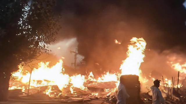 Blaze at the warehouse in Bajhghera on Sunday. (HT) Blaze at the warehouse in Bajhghera on Sunday. (HT)