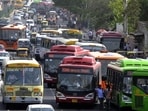 A traffic jam outside Anand Vihar bus terminal in East Delhi. (HT File)