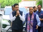 Rajya Sabha MPs Raghav Chadha, Sandeep Pathak and Ashok Mittal being escorted into the BJP HQ by the party's senior leader Tarun Chugh, in New Delhi last week.