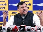 Aam Aadmi Party (AAP) MP Sanjay Singh addresses a press conference at the party office in New Delhi on Sunday.
