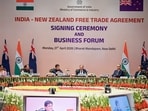 Union Minister of Commerce and Industry Piyush Goyal with New Zealand's Trade and Investment Minister Todd McClay for the signing of the India-New Zealand FTA