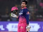 Rajasthan Royals' Vaibhav Sooryavanshi celebrates after reaching his century 