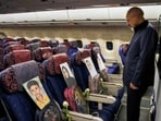 Iranian Parliament Speaker Mohammad Bagher Ghalibaf seen on the plane before the first round of talks between the US and Iran in Pakistan