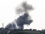 Smoke rises from targeted areas in the town of Arnoun, in Lebanon Nabatieh province following an airstrike, on April 26, 2026.