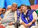 Karnataka chief minister Siddaramaiah and deputy chief minister DK Shivakumar during celebrations marking the birth anniversary of BR Ambedkar on April 14(CMO/via PTI)