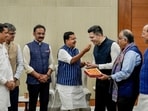 BJP president Nitin Nabin meets Rajya Sabha MPs Raghav Chadha, Sandeep Pathak and Ashok Mittal at the party headquarters, in New Delhi, on April 24