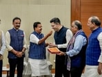 New Delhi: BJP National President Nitin Nabin meets Rajya Sabha MPs Raghav Chadha, Sandeep Pathak and Ashok Mittal at the party's headquarters.