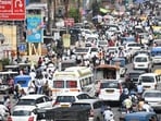Traffic converging from multiple directions leads to congestion at Kamta Tiraha in Lucknow on Monday. (Deepak Gupta/HT)