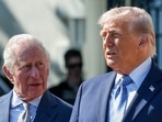US President Donald Trump greets Britain's King Charles III upon arrival at the South Portico of the White House in Washington, DC.