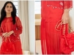 Isha Ambani wears a red Chanel dress and bag to host Rihanna at her home. 