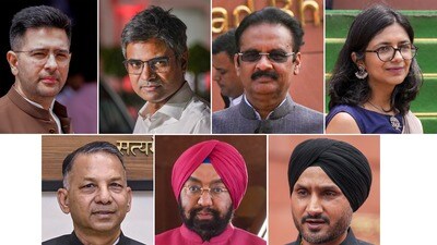 క్లాక్ వైజ్: రాఘవ్ చడ్డా, సందీప్ పాఠక్, అశోక్ మిట్టల్, స్వాతి మలివాల్, హర్బజన్ సింగ్, విక్రమ్జిత్ సింగ్, రాజిందర్ గుప్తా క్లాక్ వైజ్: రాఘవ్ చడ్డా, సందీప్ పాఠక్, అశోక్ మిట్టల్, స్వాతి మలివాల్, హర్బజన్ సింగ్, విక్రమ్జిత్ సింగ్, రాజిందర్ గుప్తా
