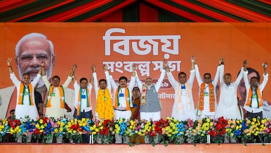 Prime Minister Narendra Modi during the �Vijay Sankalp rally� for West Bengal Assembly elections, at Barrackpore in North 24 Parganas district. Prime Minister Narendra Modi during the �Vijay Sankalp rally� for West Bengal Assembly elections, at Barrackpore in North 24 Parganas district.