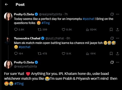 Social media exchange between Yuzvendra Chahal and Priety Zinta
