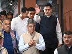 AAP Rajya Sabha MP, Raghav Chadha along with Ashok Mittal and Sanjeev Pathak leave after meeting BJP president Nitin Nabin at BJP headquarters in New Delhi, on Friday (HT Photo/Sanchit Khanna)